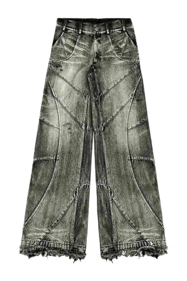 Vintage Washed Patchwork Jeans for Y2K Aesthetic and Grunge Style