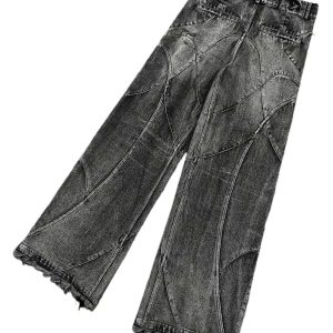 Vintage Washed Patchwork Jeans for Y2K Aesthetic and Grunge Style