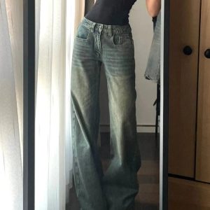 Vintage Washed Wide-Leg Jeans for Y2K Aesthetic and Grunge Style