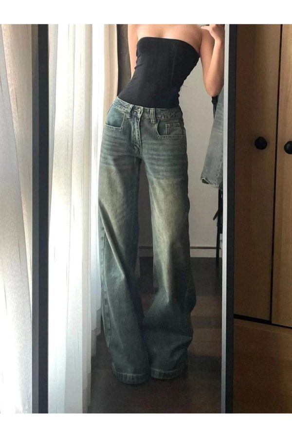 Vintage Washed Wide-Leg Jeans for Y2K Aesthetic and Grunge Style