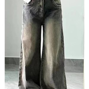 Vintage Washed Wide-Leg Jeans for Y2K Aesthetic and Grunge Style