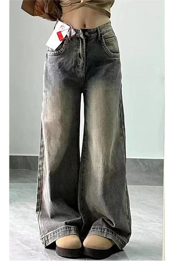 Vintage Washed Wide-Leg Jeans for Y2K Aesthetic and Grunge Style