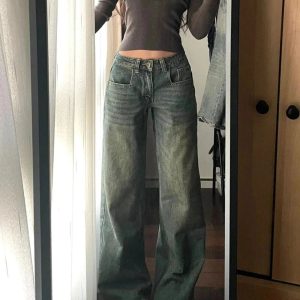 Vintage Washed Wide-Leg Jeans for Y2K Aesthetic and Grunge Style