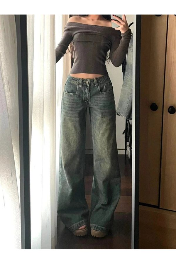 Vintage Washed Wide-Leg Jeans for Y2K Aesthetic and Grunge Style