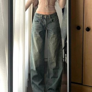 Vintage Washed Wide-Leg Jeans for Y2K Aesthetic and Grunge Style