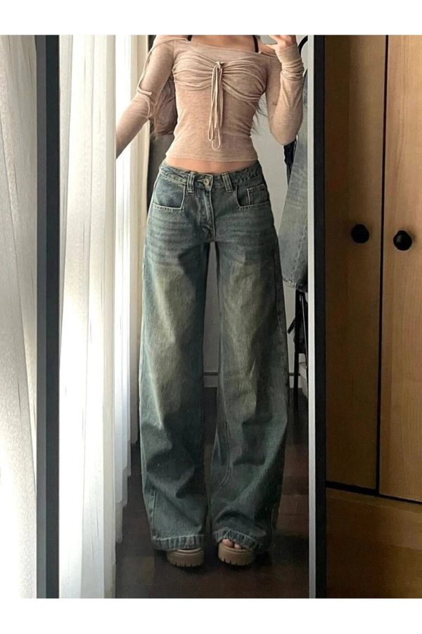 Vintage Washed Wide-Leg Jeans for Y2K Aesthetic and Grunge Style