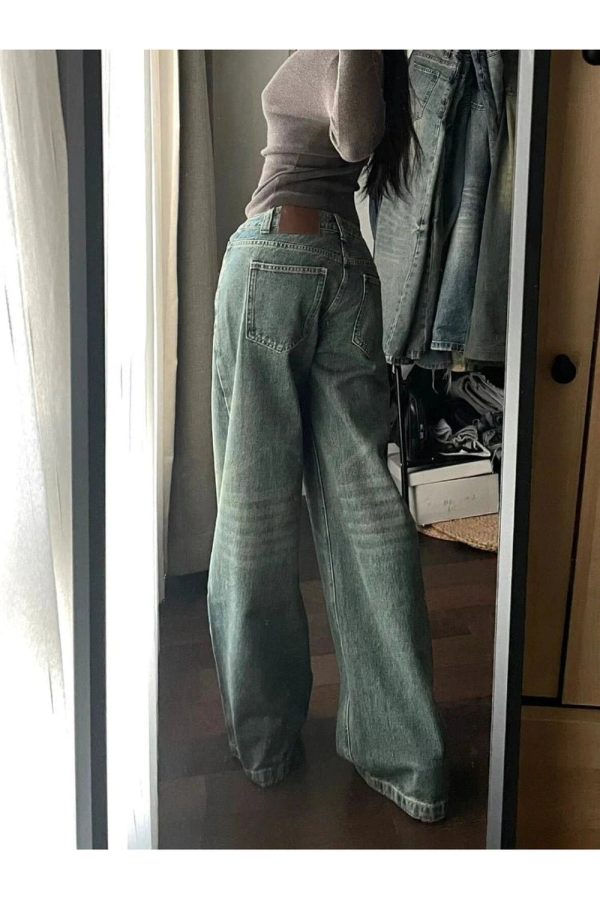 Vintage Washed Wide-Leg Jeans for Y2K Aesthetic and Grunge Style