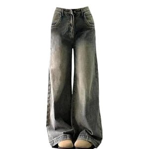 Vintage Washed Wide-Leg Jeans for Y2K Aesthetic and Grunge Style