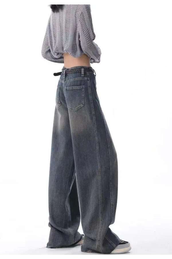 Vintage Washed Wide-Leg Jeans for Y2K Aesthetic and Grunge Style Outfits