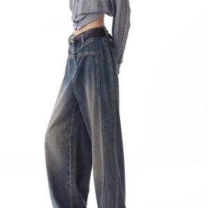 Vintage Washed Wide-Leg Jeans for Y2K Aesthetic and Grunge Style Outfits