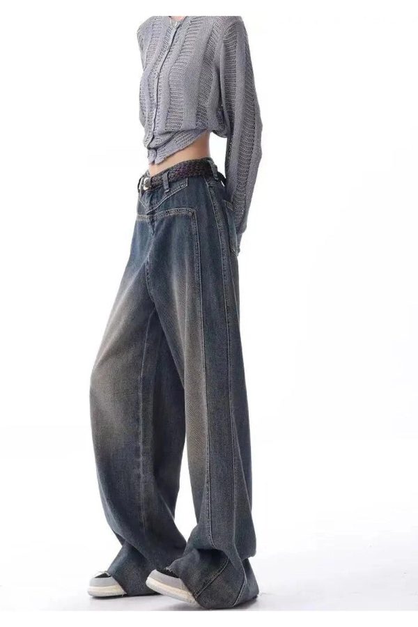 Vintage Washed Wide-Leg Jeans for Y2K Aesthetic and Grunge Style Outfits