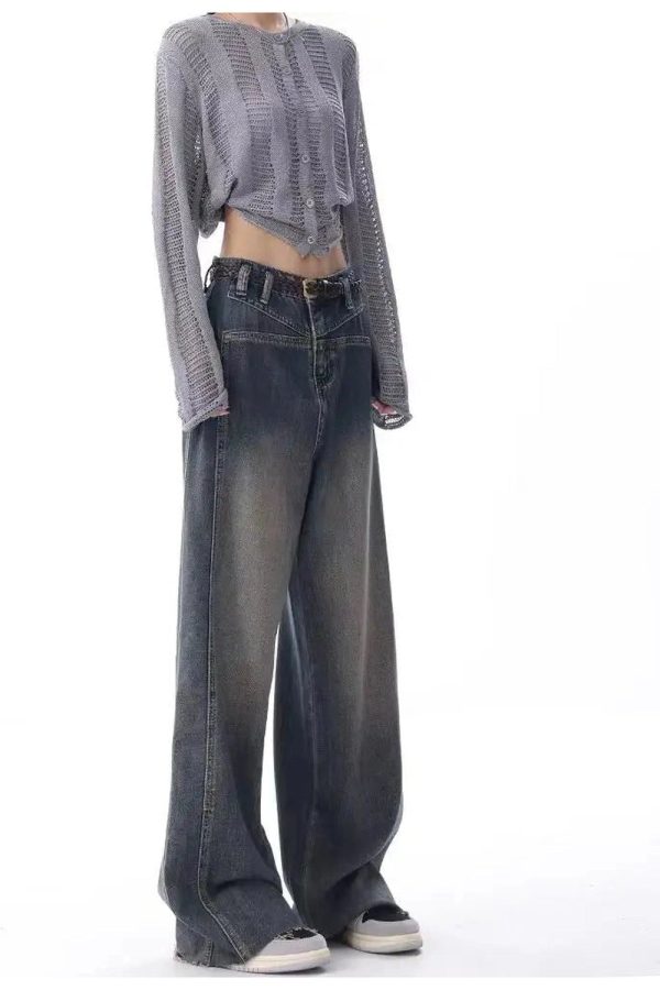 Vintage Washed Wide-Leg Jeans for Y2K Aesthetic and Grunge Style Outfits