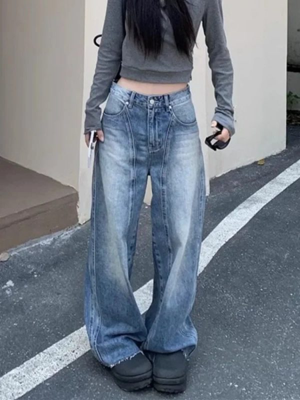 Vintage Washed Wide-Leg Jeans for Y2K Aesthetic and Grunge Style Outfits