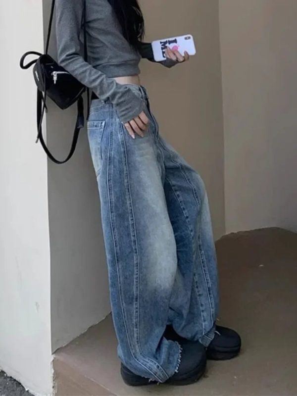 Vintage Washed Wide-Leg Jeans for Y2K Aesthetic and Grunge Style Outfits