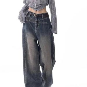 Vintage Washed Wide-Leg Jeans for Y2K Aesthetic and Grunge Style Outfits