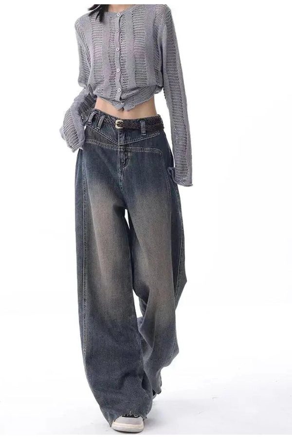 Vintage Washed Wide-Leg Jeans for Y2K Aesthetic and Grunge Style Outfits