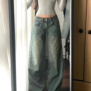 Vintage Washed Wide-Leg Jeans for Y2K Aesthetic and Grunge Style