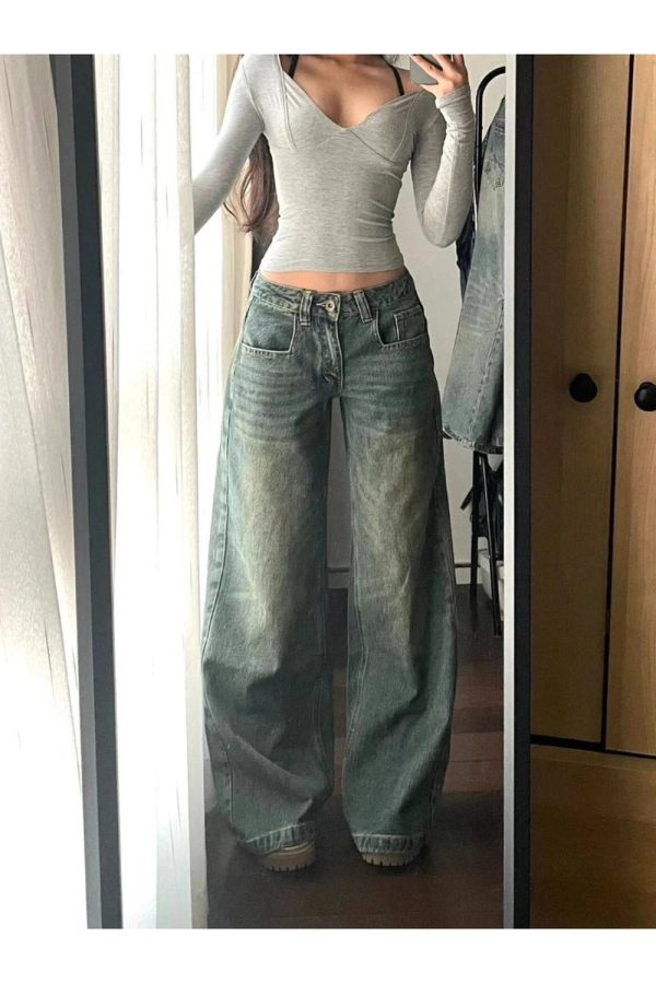 Vintage Washed Wide-Leg Jeans for Y2K Aesthetic and Grunge Style