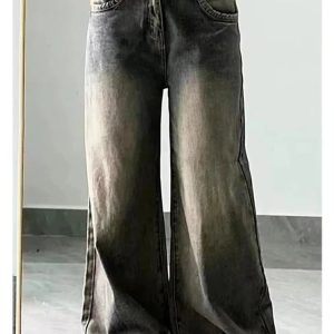 Vintage Washed Wide-Leg Jeans for Y2K Aesthetic and Grunge Style