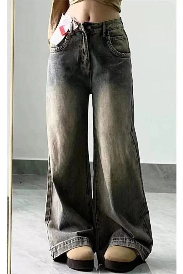 Vintage Washed Wide-Leg Jeans for Y2K Aesthetic and Grunge Style