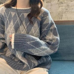 Vintage Y2K Argyle Knit Sweater - Cozy Preppy Aesthetic Top