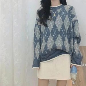 Vintage Y2K Argyle Knit Sweater - Cozy Preppy Aesthetic Top