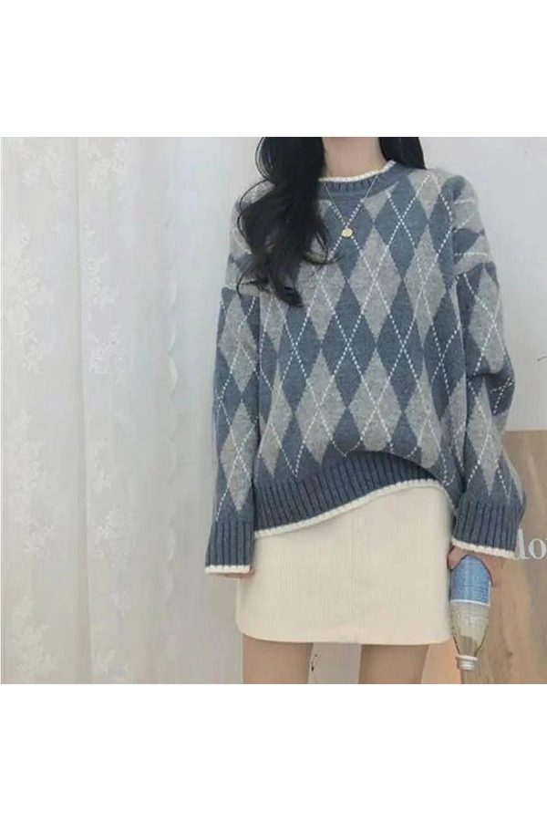 Vintage Y2K Argyle Knit Sweater - Cozy Preppy Aesthetic Top