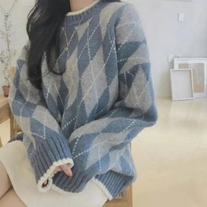 Vintage Y2K Argyle Knit Sweater - Cozy Preppy Aesthetic Top