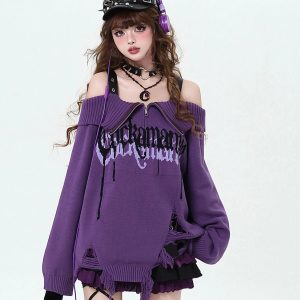 Violet Rebellion Y2K Chain Sweater for Grunge and Coquette Aesthetic