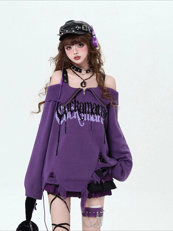 Violet Rebellion Y2K Chain Sweater for Grunge and Coquette Aesthetic