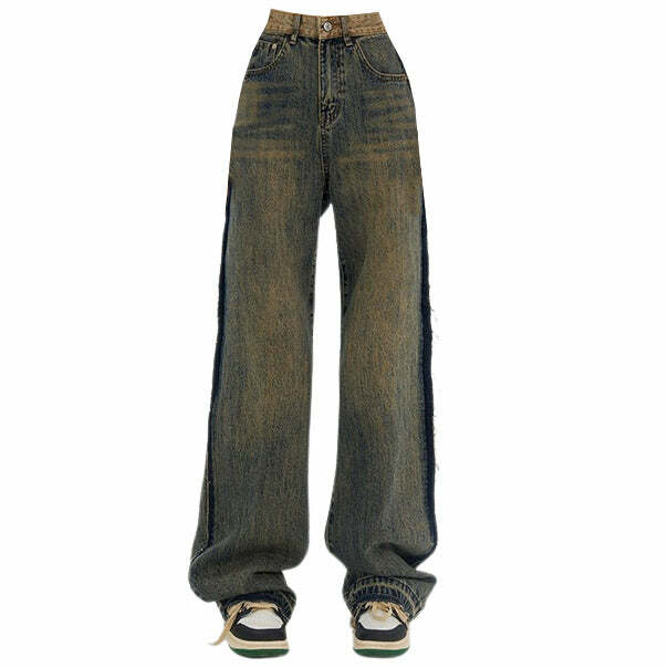 Washed Brown Contrast Pocket Jeans for Y2K and Grunge Aesthetic Styles