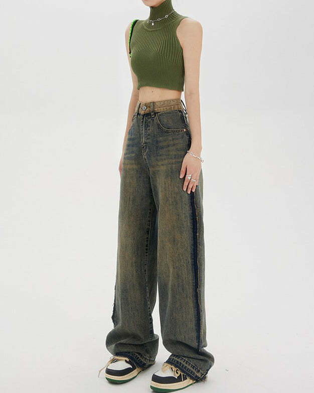 Washed Brown Contrast Pocket Jeans for Y2K and Grunge Aesthetic Styles