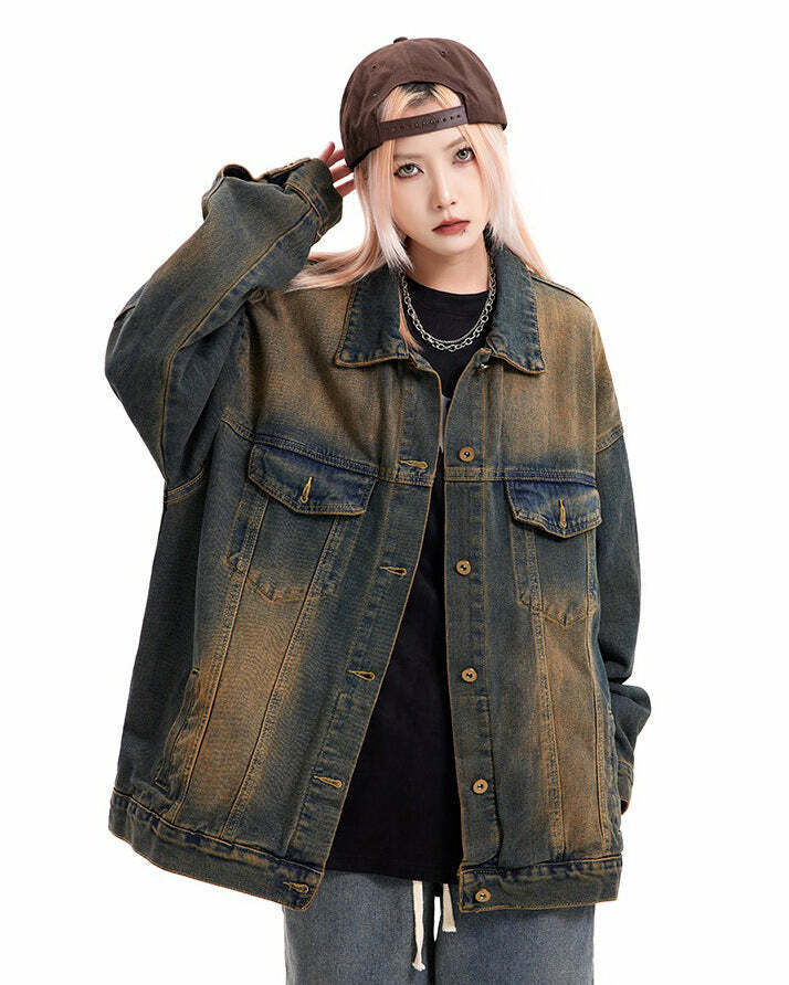 Washed Brown Oversized Denim Jacket for Y2K and Grunge Aesthetic Styles