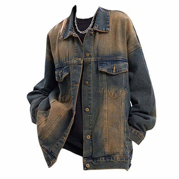 Washed Brown Oversized Denim Jacket for Y2K and Grunge Aesthetic Styles