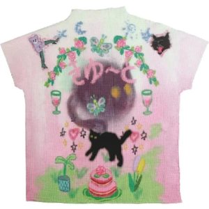 Whimsical Pastel Cat Knit Tee - Y2K Aesthetic Cute Top for Cozy Vibes