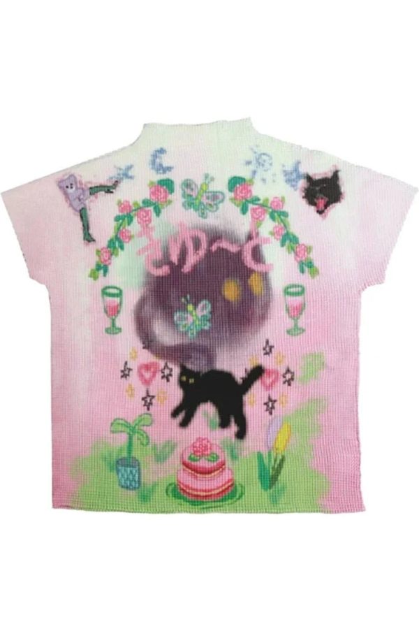 Whimsical Pastel Cat Knit Tee - Y2K Aesthetic Cute Top for Cozy Vibes