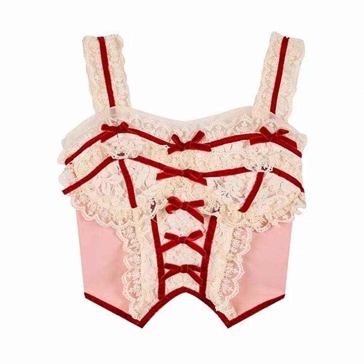 White & Red Y2K Coquette Lace Corset Top for Aesthetic Outfits