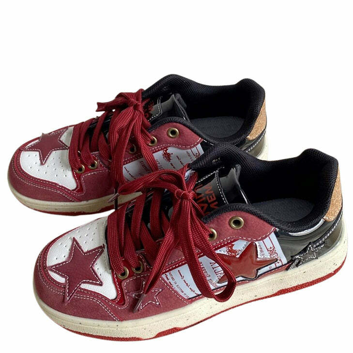 Wine Red Star Sneakers for Y2K Aesthetic and Grunge Style Lovers