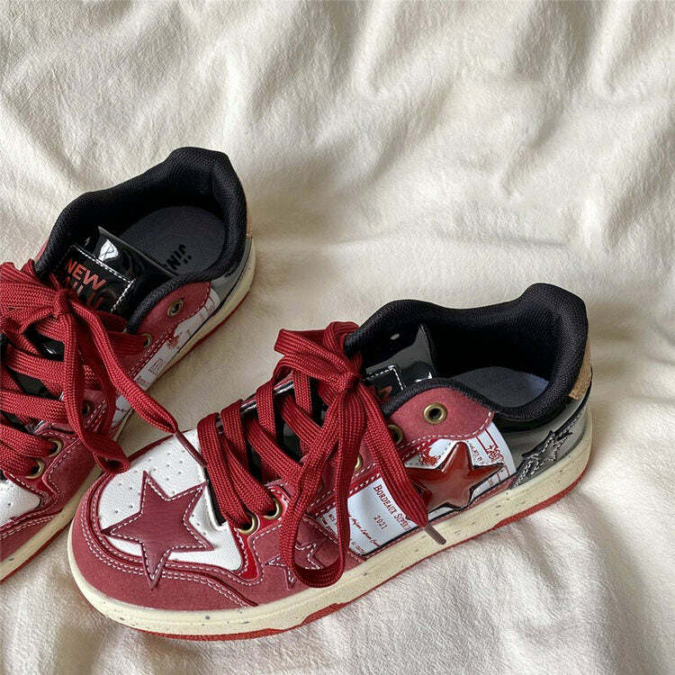 Wine Red Star Sneakers for Y2K Aesthetic and Grunge Style Lovers