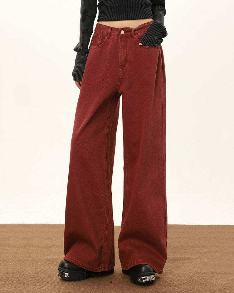 Wine Red Wide-Leg Jeans for Y2K Aesthetic & Grunge Style Outfits