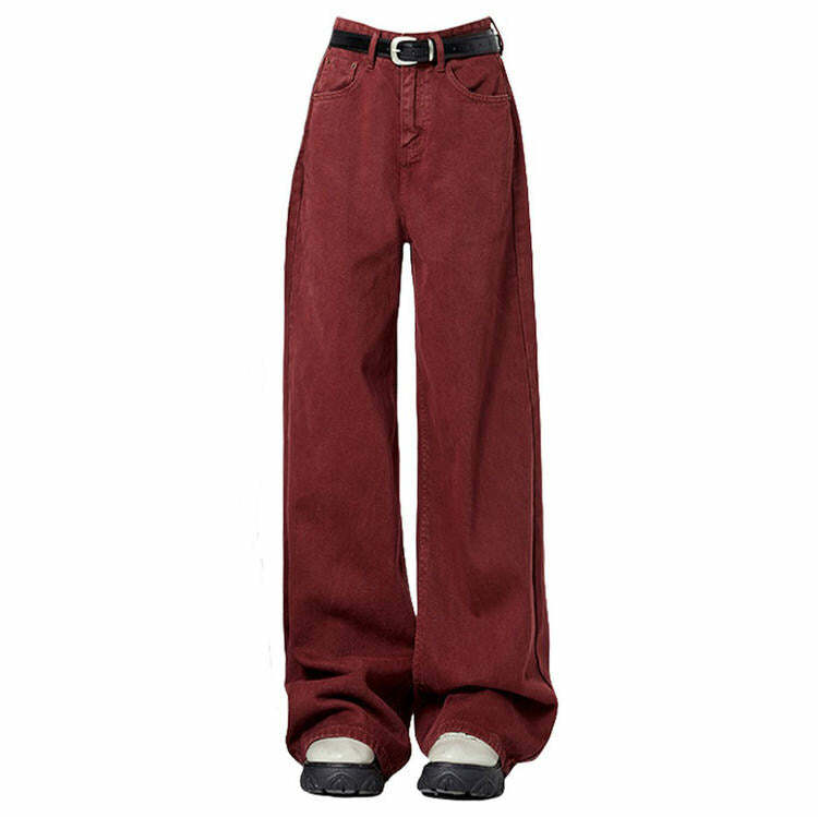 Wine Red Wide-Leg Jeans for Y2K Aesthetic & Grunge Style Outfits