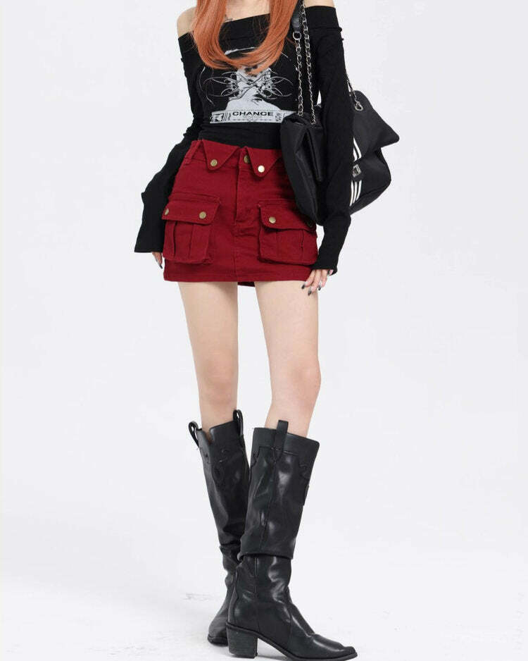 Wine Red Y2K Zip Front Mini Skirt for Grunge and Coquette Aesthetic