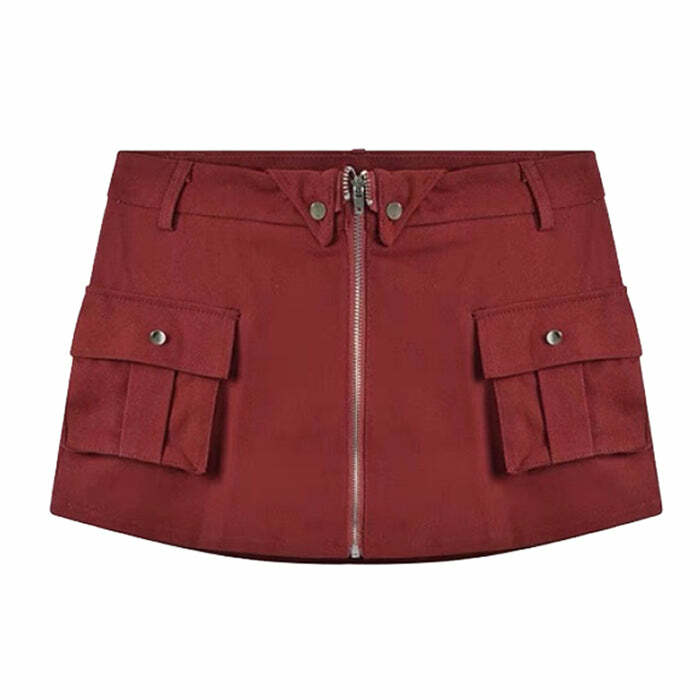 Wine Red Y2K Zip Front Mini Skirt for Grunge and Coquette Aesthetic