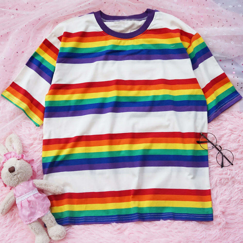 Y2K Aesthetic 90s Kids Rainbow Graphic Tee - Cute Retro Top