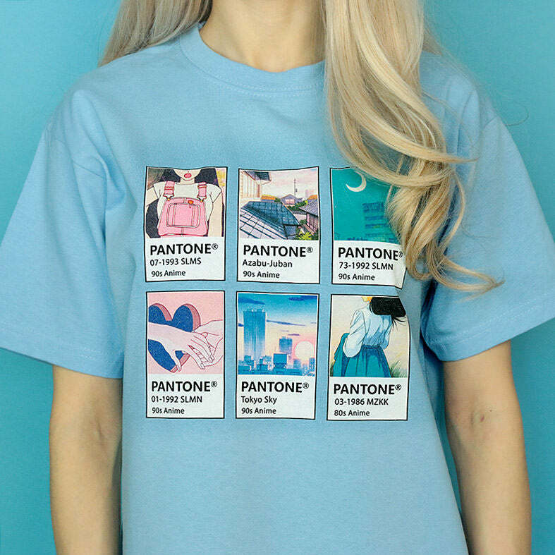 Y2K Aesthetic Anime Pantone T-Shirt - Sizes S & L for Trendy Outfits