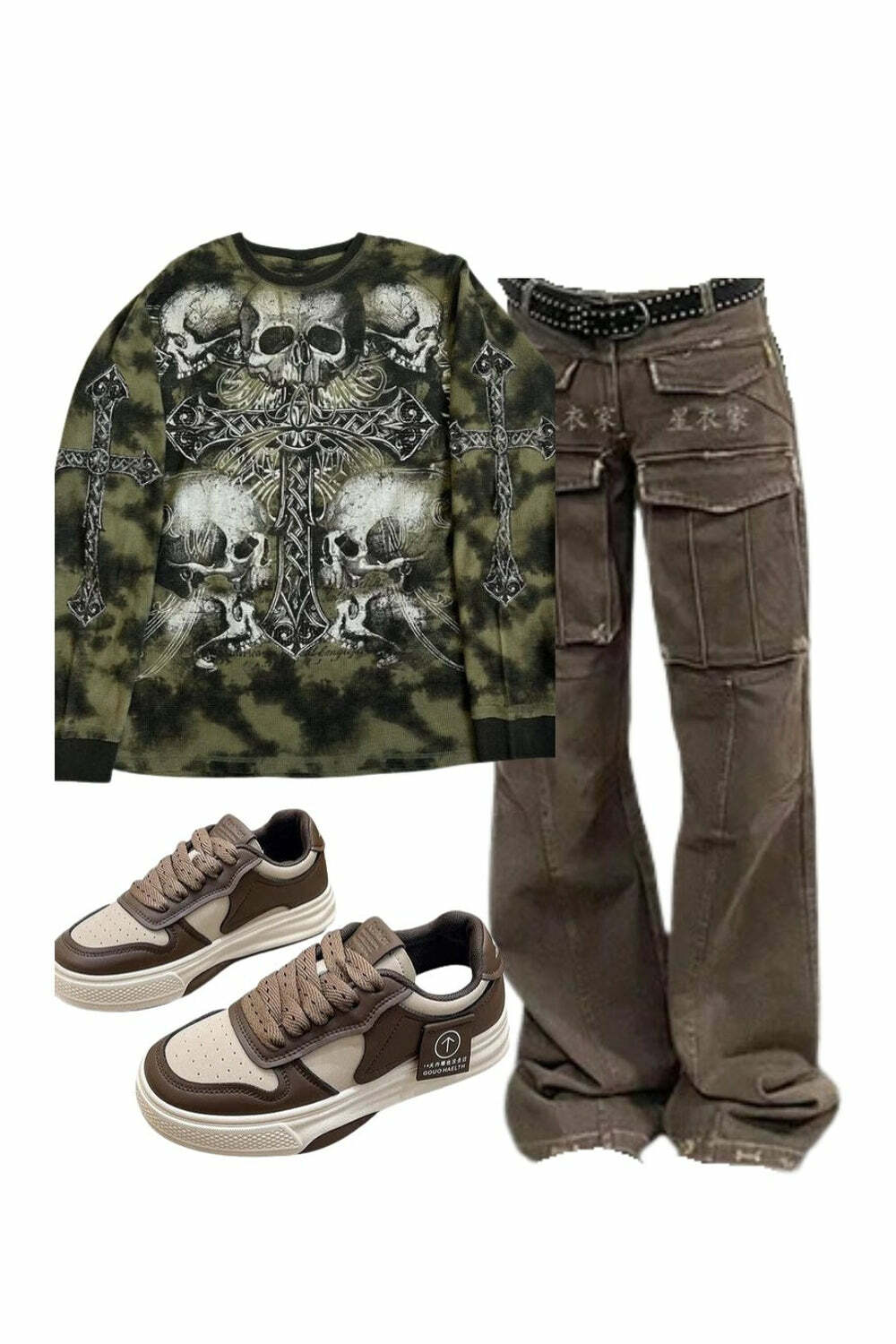 Y2K Aesthetic Arctic Edge Cargo Pants & Gothic Cross Long Sleeve Outfit