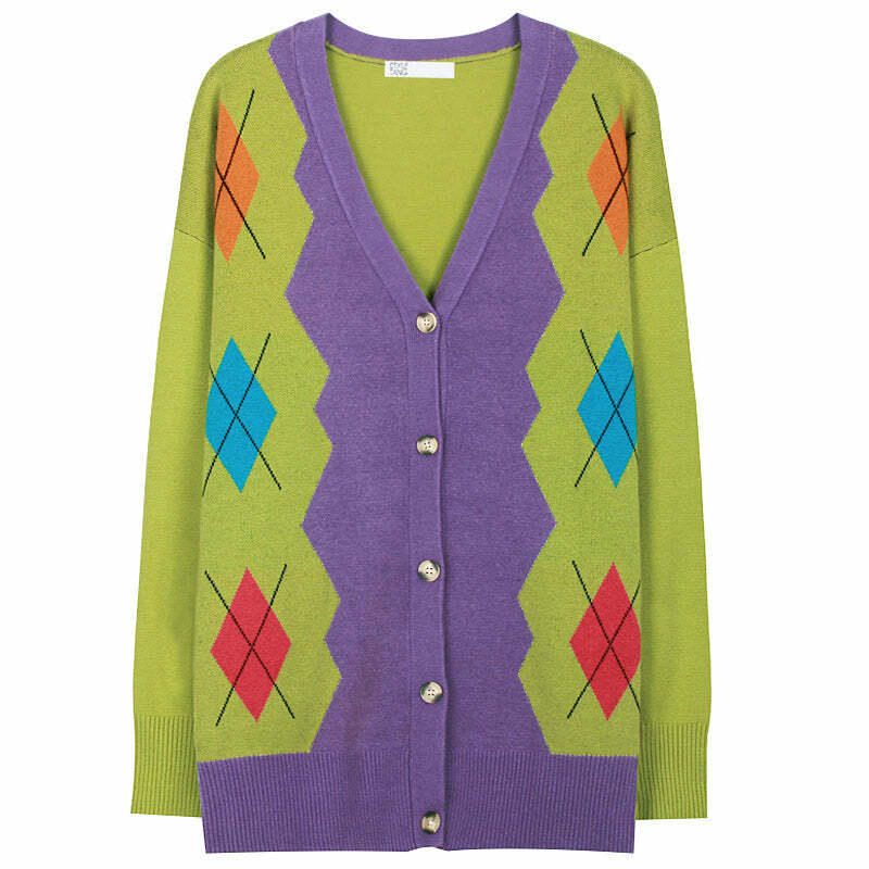 Y2K Aesthetic Argyle Cardigan in 1960s Groovy Colors for Trendy Looks