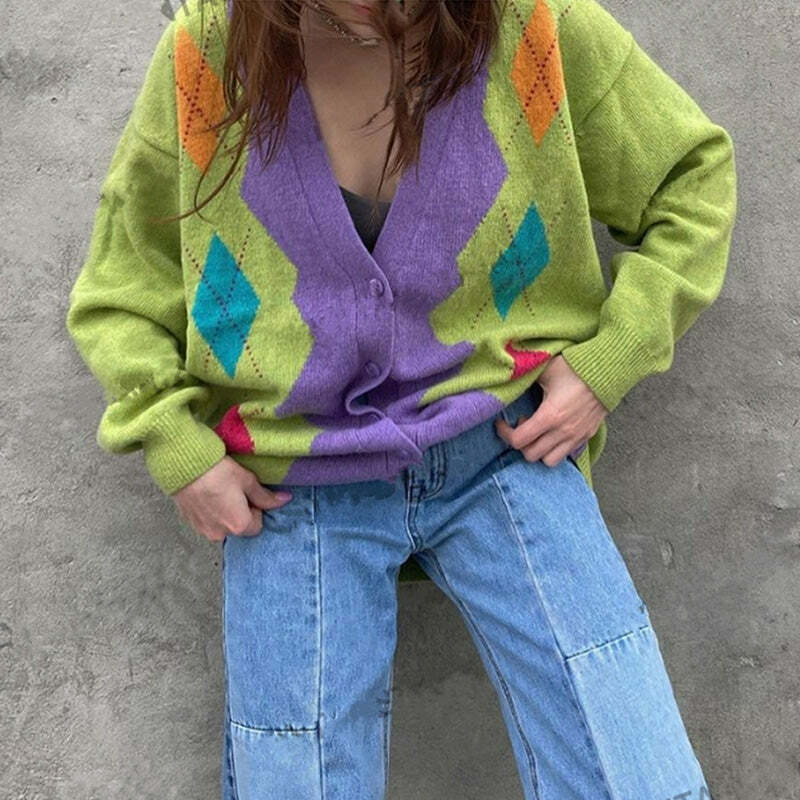 Y2K Aesthetic Argyle Cardigan in 1960s Groovy Colors for Trendy Looks