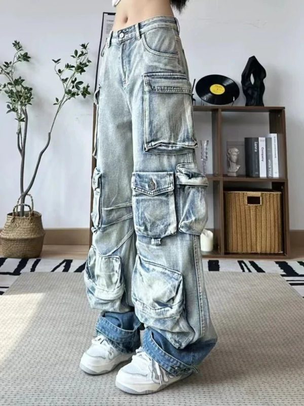 Y2K Aesthetic Ash Storm Cargo Jeans for Trendy Grunge Style