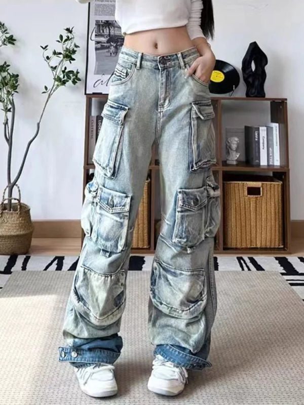 Y2K Aesthetic Ash Storm Cargo Jeans for Trendy Grunge Style